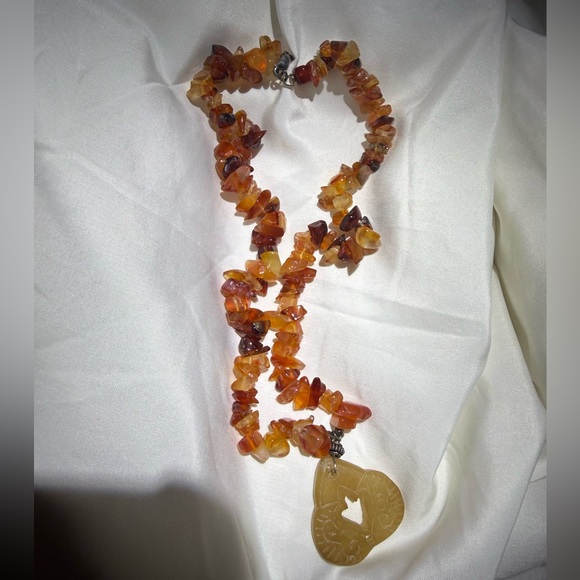 Amber Nuggets Beaded Necklace with Carved Heart Pendant - Picture 2 of 7
